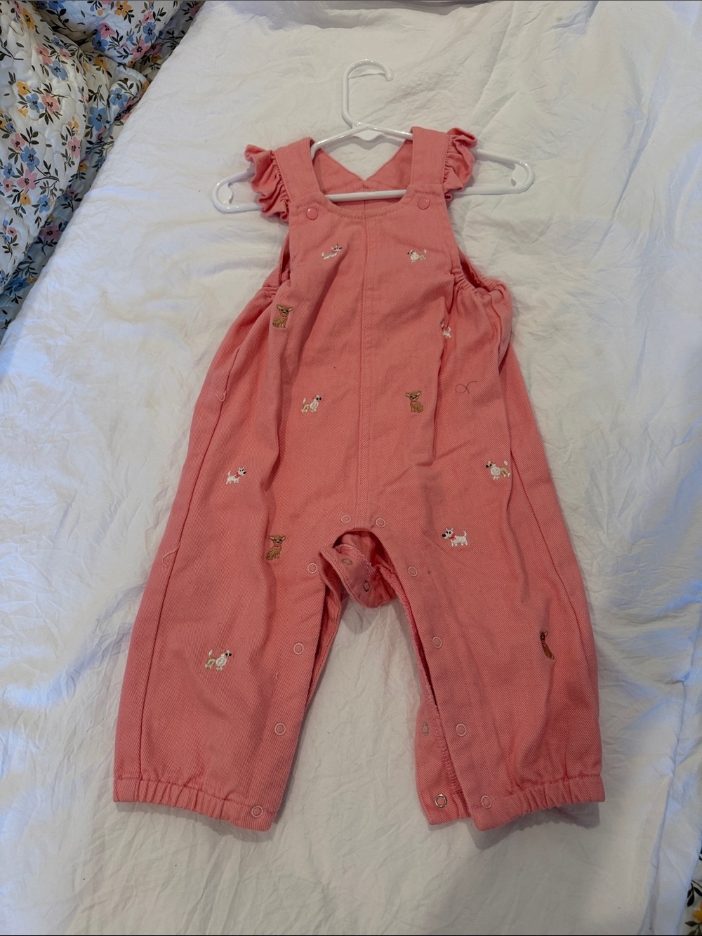 Source Unknown Coral Pink Embroidered Baby Romper Overalls